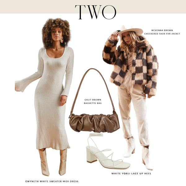 Fall outfit for women: white sweater midi dress, checkered faux fur jacket, bag, and heels.