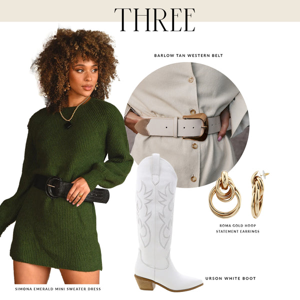 Fall outfit collage: emerald sweater dress with black belt, white western boots, gold hoops.