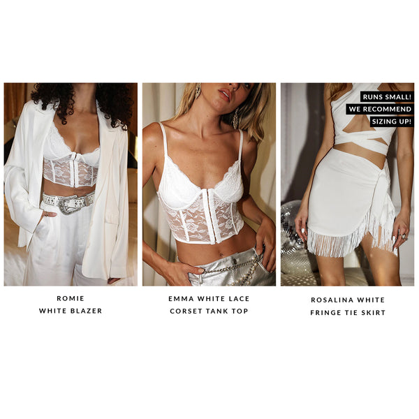 Three white bridal looks: a blazer set, lace corset tank top, and fringe tie skirt.