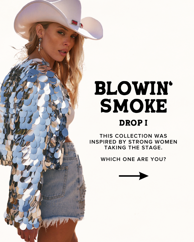 Blowin' Smoke Drop I promo: silver paillette jacket and cowboy hat for festival fashion.