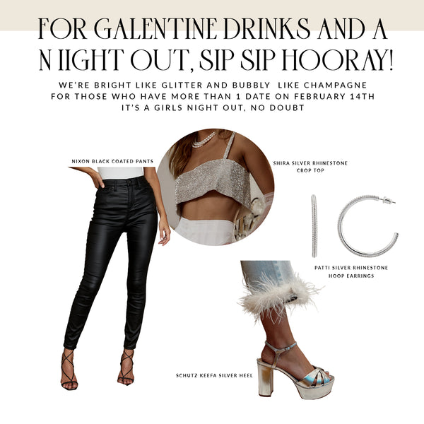 Galentine's night out outfit: black coated pants, silver rhinestone crop top, hoops, and platform heels.