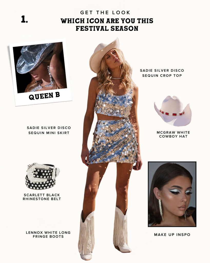 Get the look board pairing a silver sequin crop top and skirt for a festival outfit.