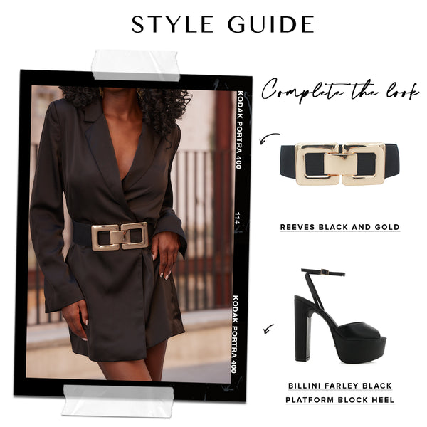 Style guide pairing a black blazer dress with a gold buckle belt and platform heels.