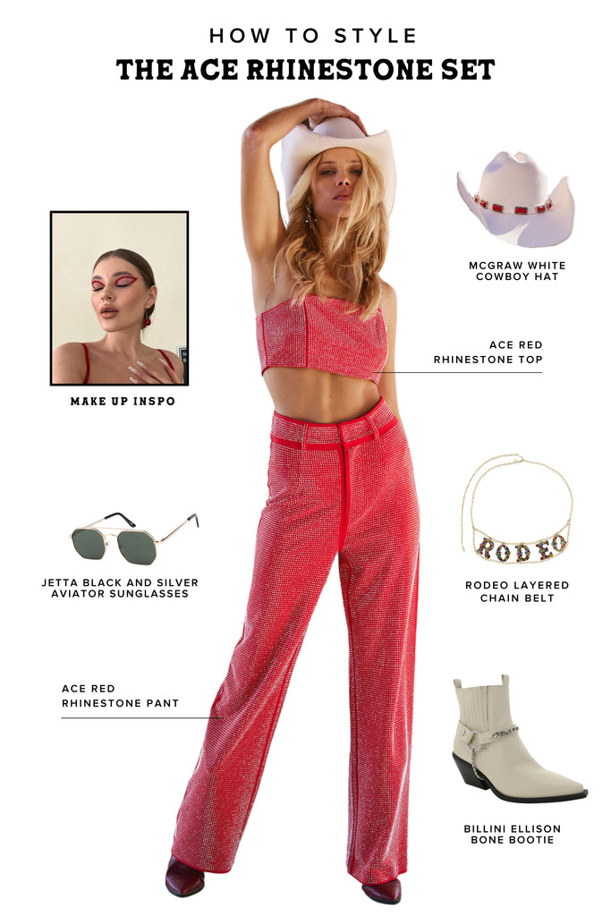 Styling the Ace red rhinestone set into a festival outfit with white cowboy hat and boots.