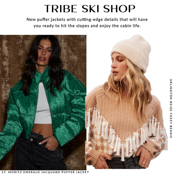 Tribe Ski Shop picks: emerald puffer jacket and beige beanie, winter vacation outfits for women.