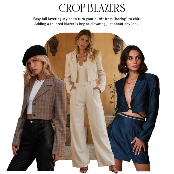 Crop blazers feature: three women in cropped plaid, linen, and satin fall blazer outfits.