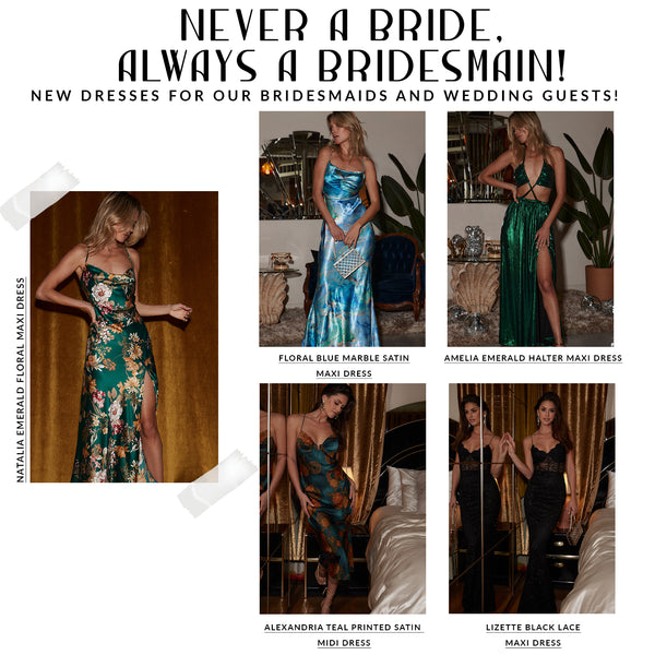 Collage of emerald, blue, teal, and black bridesmaid and wedding guest dresses in maxi and midi styles.