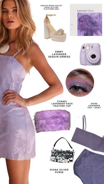 Lavender Haze Eras Tour festival outfit guide: sequin dress, platform heels, feather top, and purse.