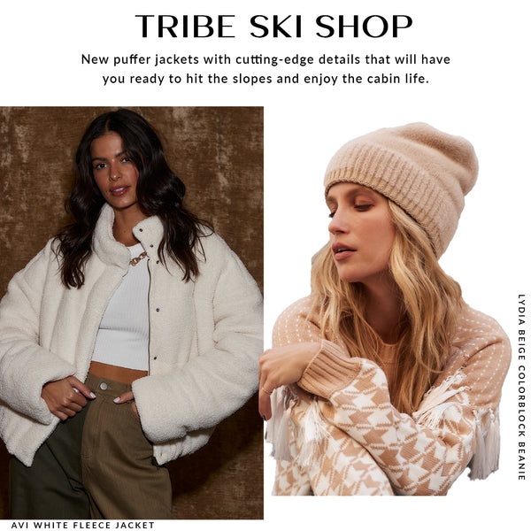 Tribe Ski Shop promo: a model in a white fleece jacket and a model wearing a beige colorblock beanie.