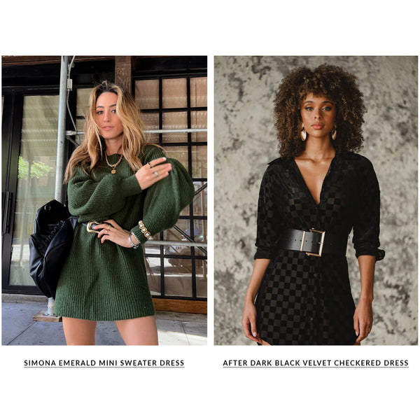 Two models in an emerald mini sweater dress and a black velvet checkered shirt dress.