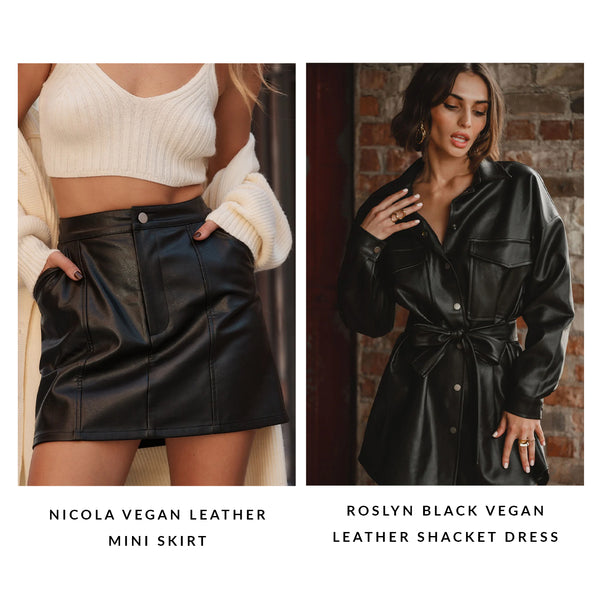 Fall outfit ideas pairing Nicola vegan leather mini skirt with Roslyn black leather shacket dress.