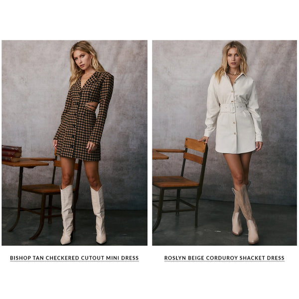 Two festival dresses on models, a tan checkered cutout mini and a beige corduroy shacket dress.