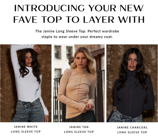 Janine long sleeve layering top shown in white, tan, and charcoal turtleneck styles.