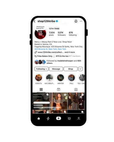 Smartphone showing the 12th Tribe Instagram profile with 537K followers and post grid.