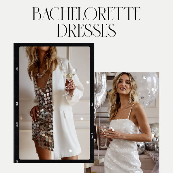 Bachelorette dresses collage: silver paillette mini dress and white sequin slip dress with champagne.