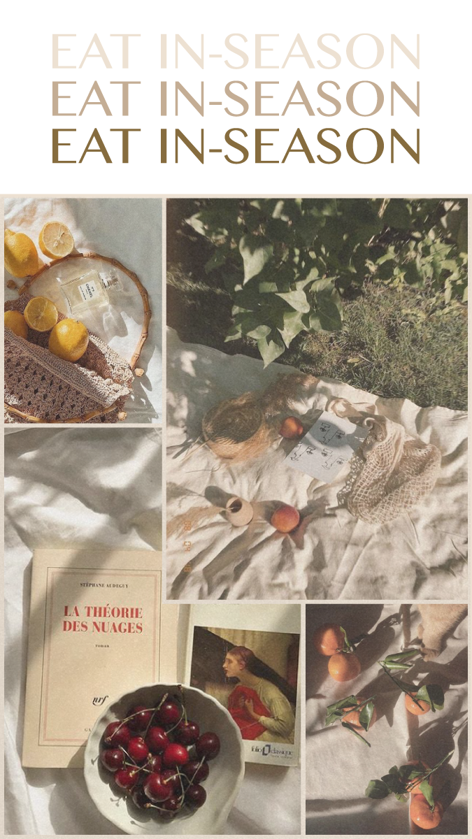 Eat In-Season collage with lemons, cherries, peaches, and oranges styled on linen.