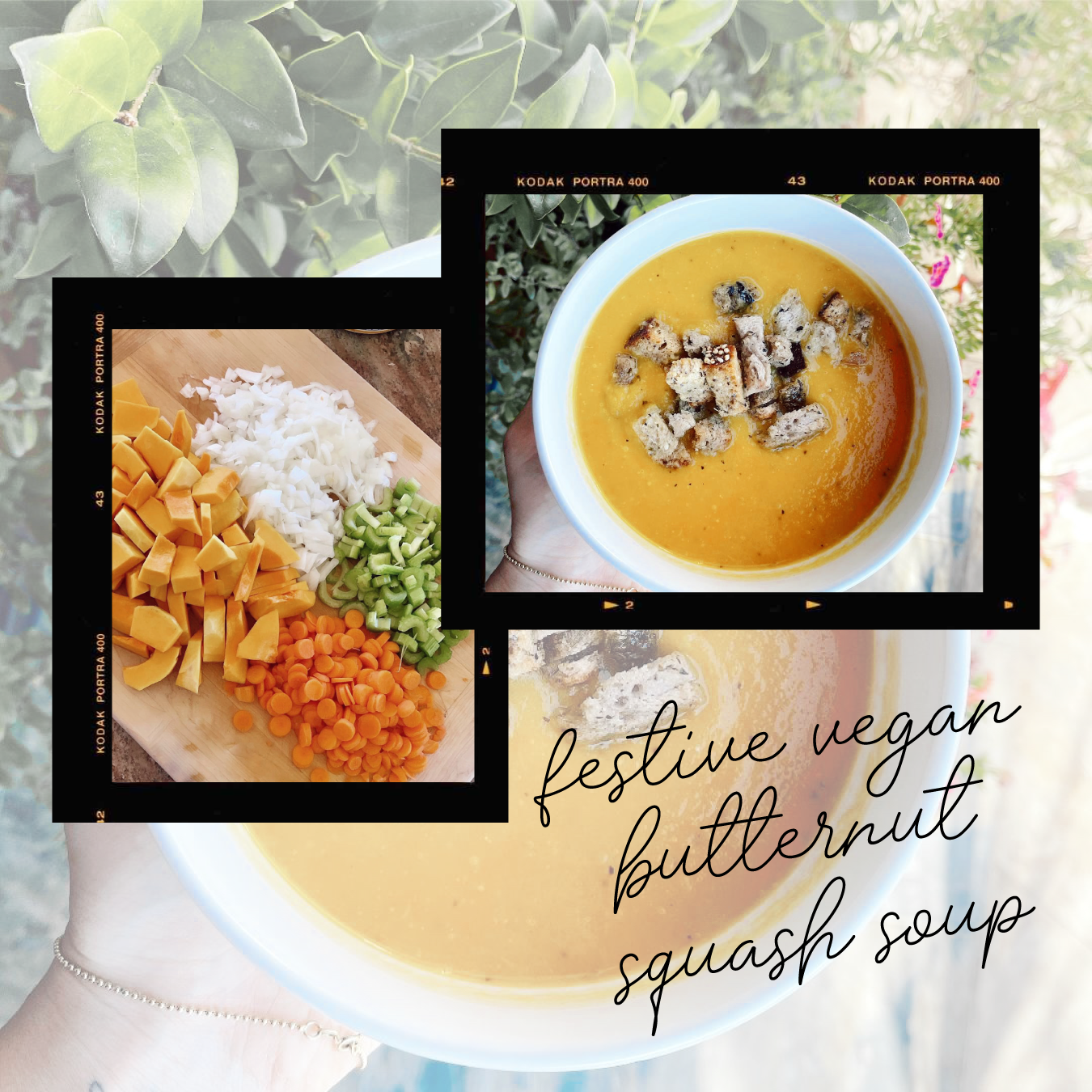 Collage of chopped squash, carrots, celery, and a bowl of vegan butternut squash soup with croutons.