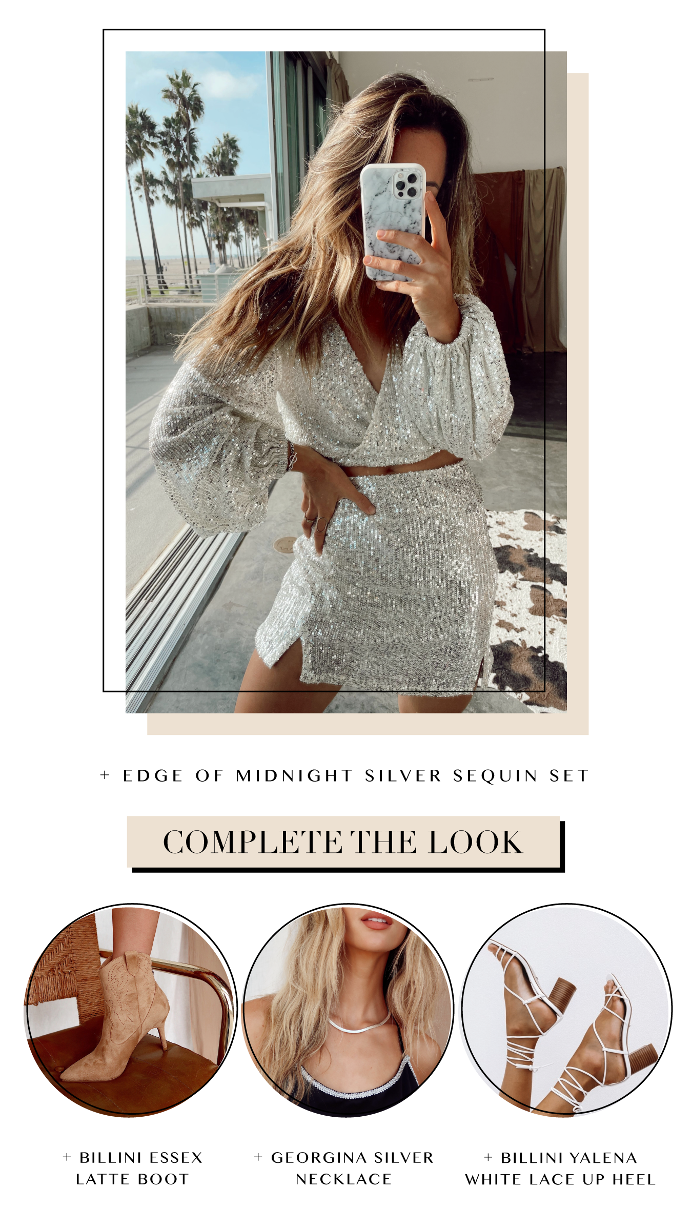 Silver sequin two-piece NYE outfit styled with latte boots, necklace, and lace-up heels.