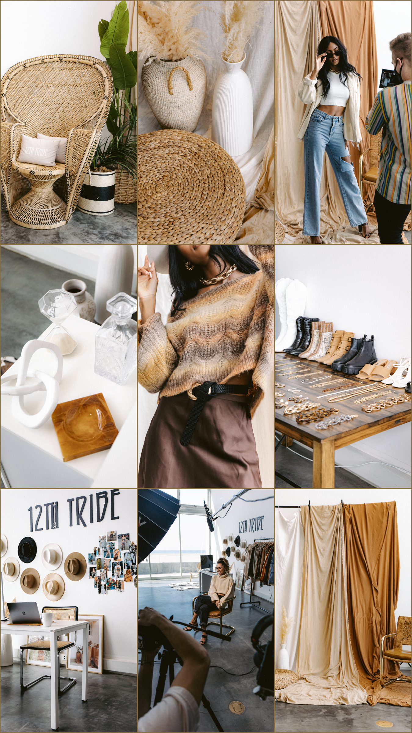 Behind-the-scenes collage of 12th Tribe photoshoot with models, boho decor, and styling studio.