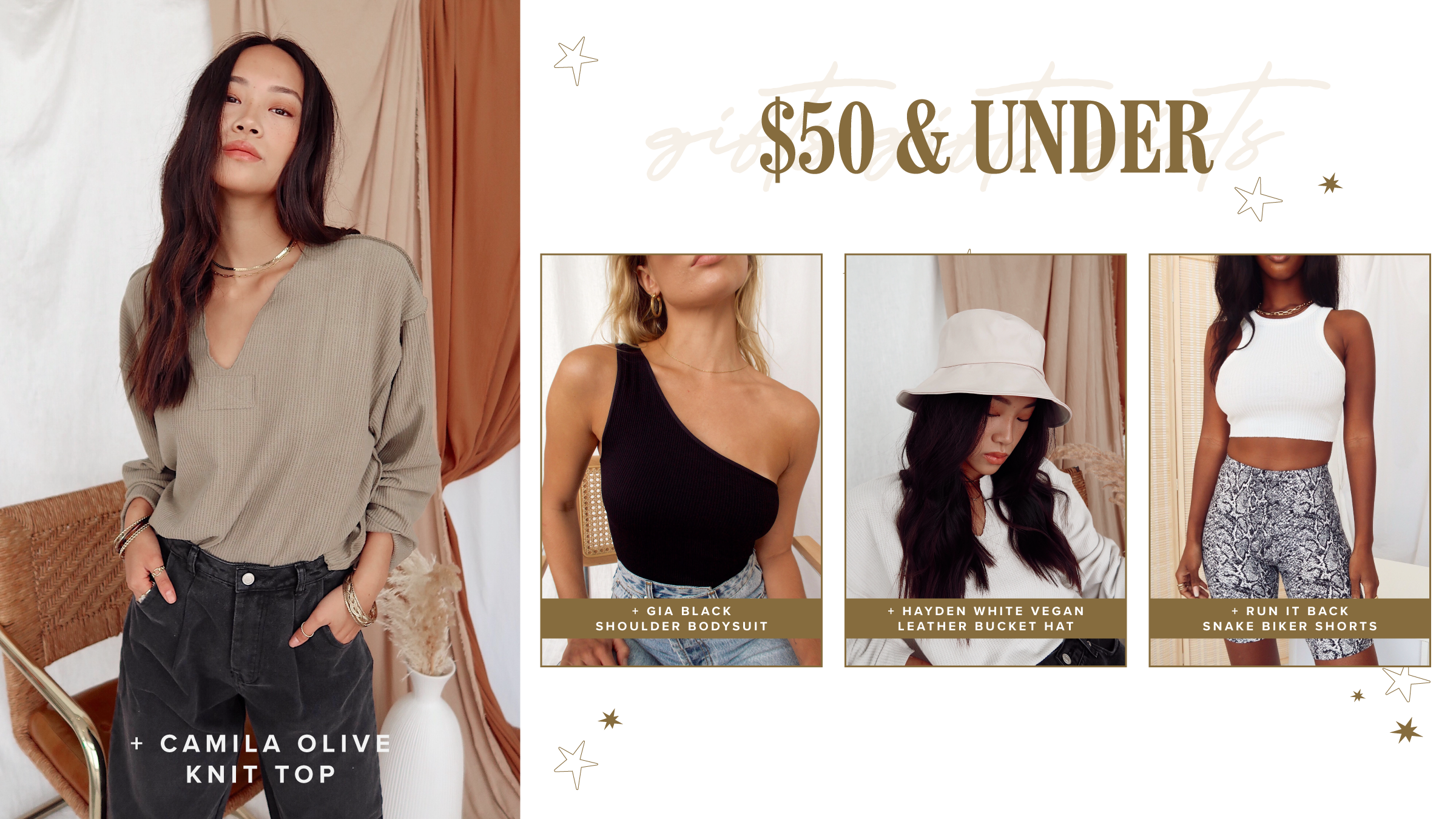 Holiday gift guide collage of $50 and under women's pieces: olive knit top, black bodysuit, bucket hat, snake biker shorts.