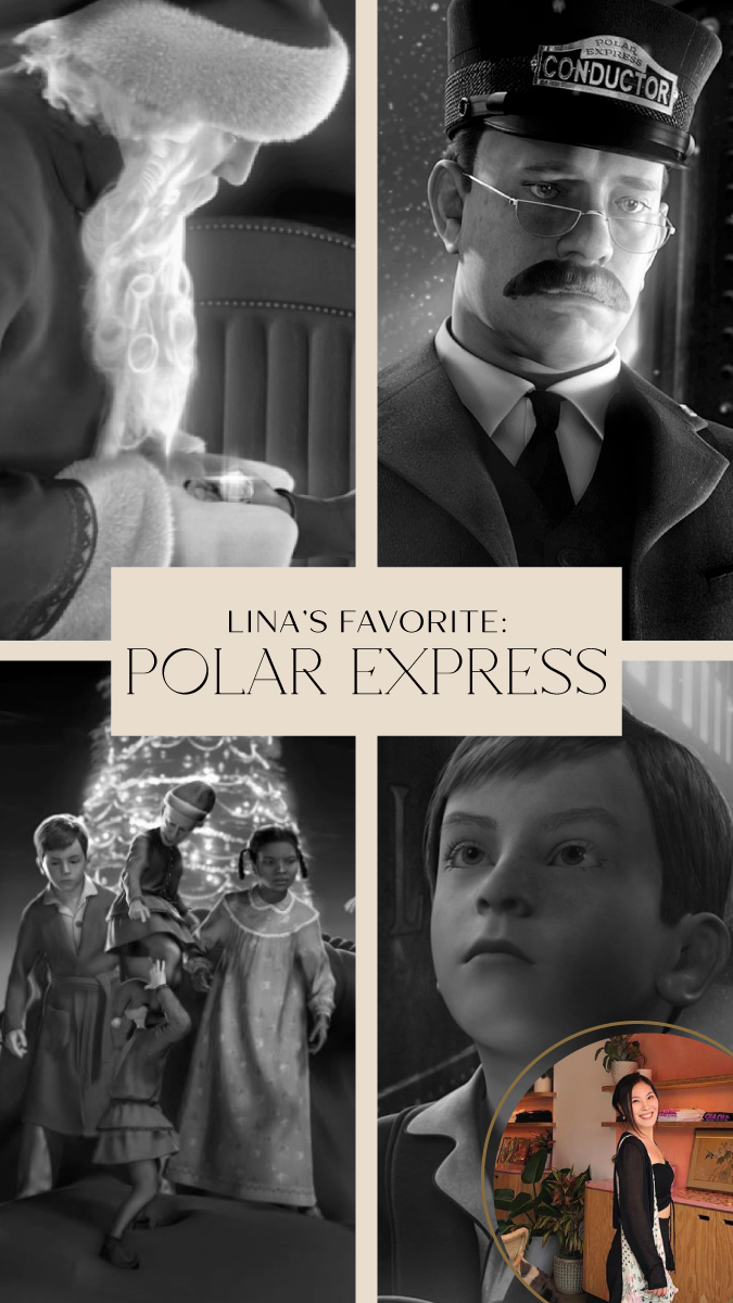 Polar Express scenes in a collage labeled Lina's favorite Christmas movie pick.