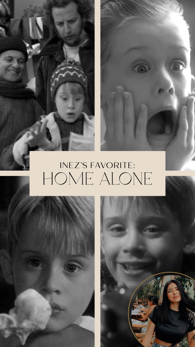 Black-and-white Home Alone film stills collage tagged as Inez's favorite Christmas movie pick.