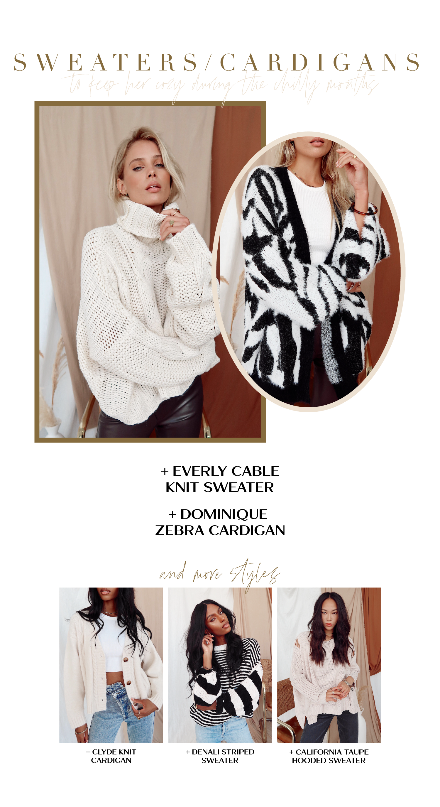 Holiday gift guide of cozy sweaters and cardigans, including cream cable knit and zebra styles.