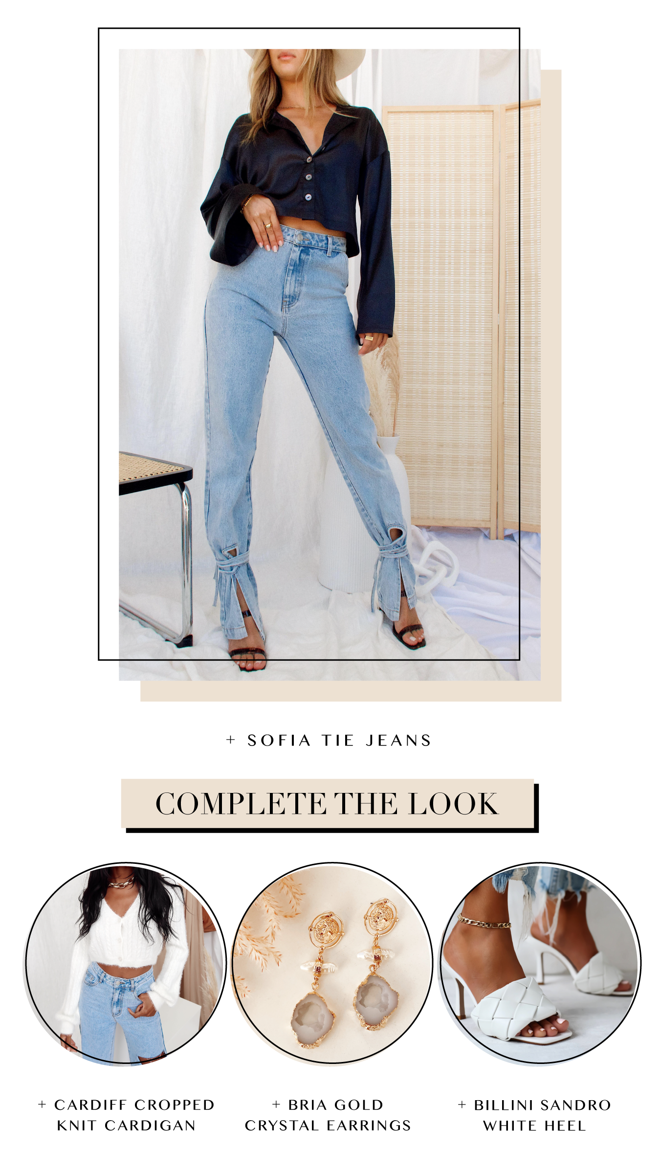 New Year's Eve outfit idea: black crop top, Sofia light-wash tie-hem jeans, heels and earrings.