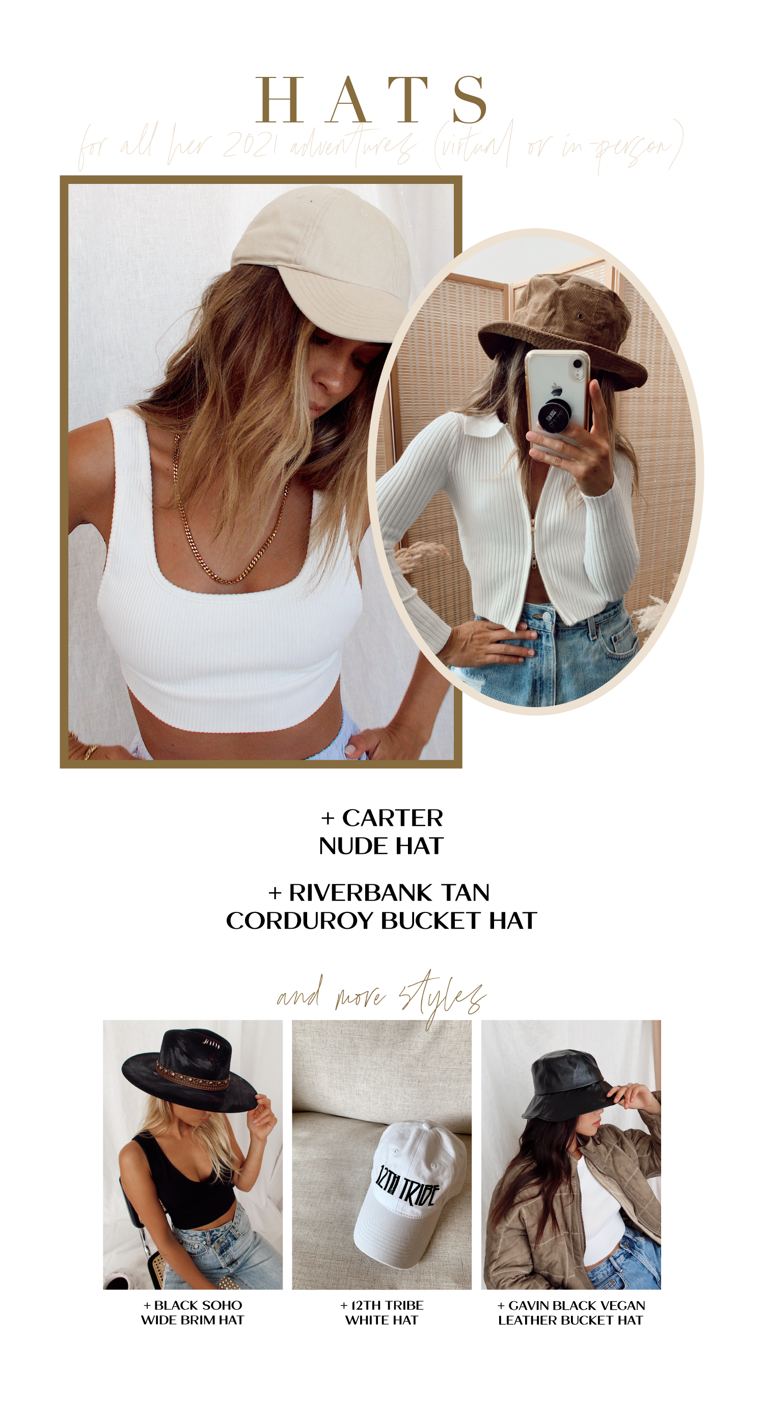 Holiday gift guide hats: nude cap, tan corduroy bucket, black wide brim, and vegan leather styles.