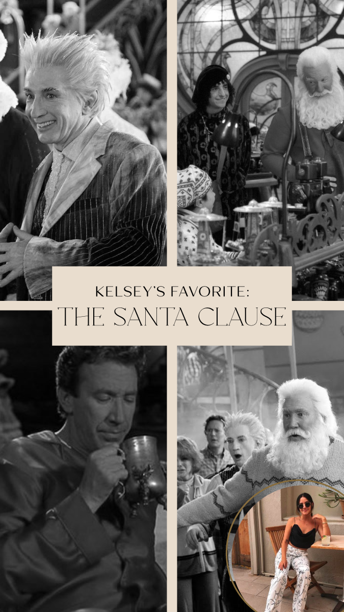 Black-and-white collage of The Santa Clause scenes, labeled Kelsey's favorite Christmas movie.