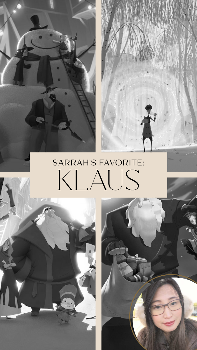 Grayscale collage of animated Klaus film scenes, marking Sarrah's favorite Christmas movie pick.