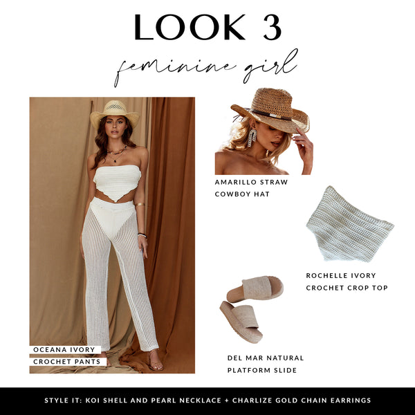 Feminine festival outfit for women: ivory crochet two-piece, straw cowboy hat, and platform slides.