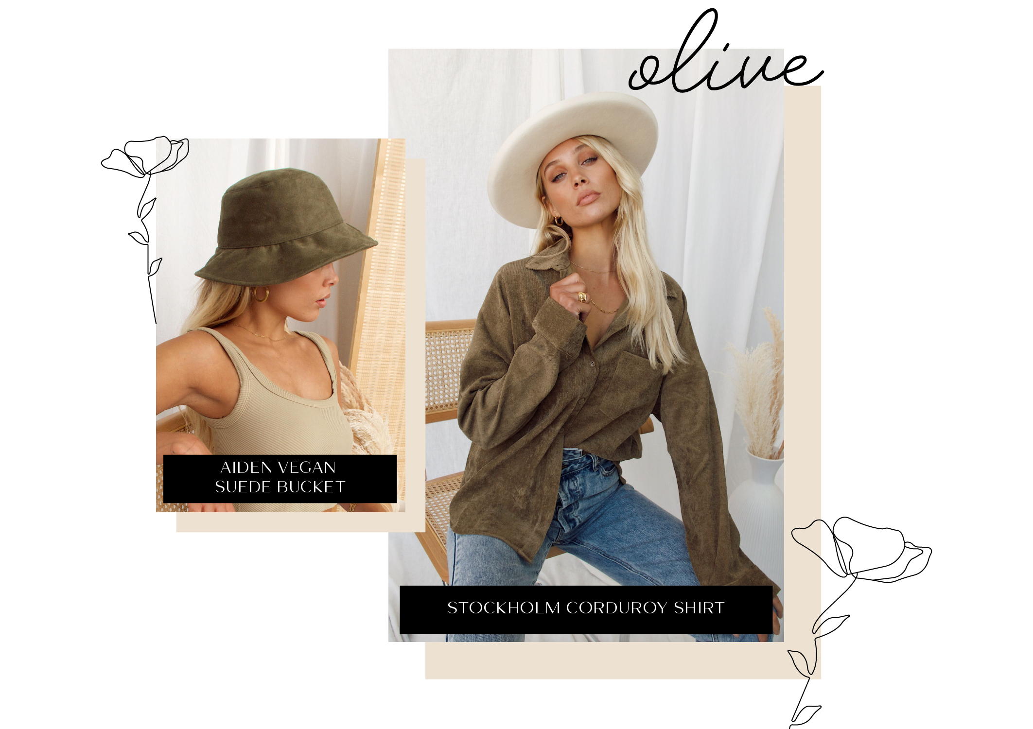 Olive fall outfits: Aiden vegan suede bucket hat and Stockholm corduroy shirt with jeans.