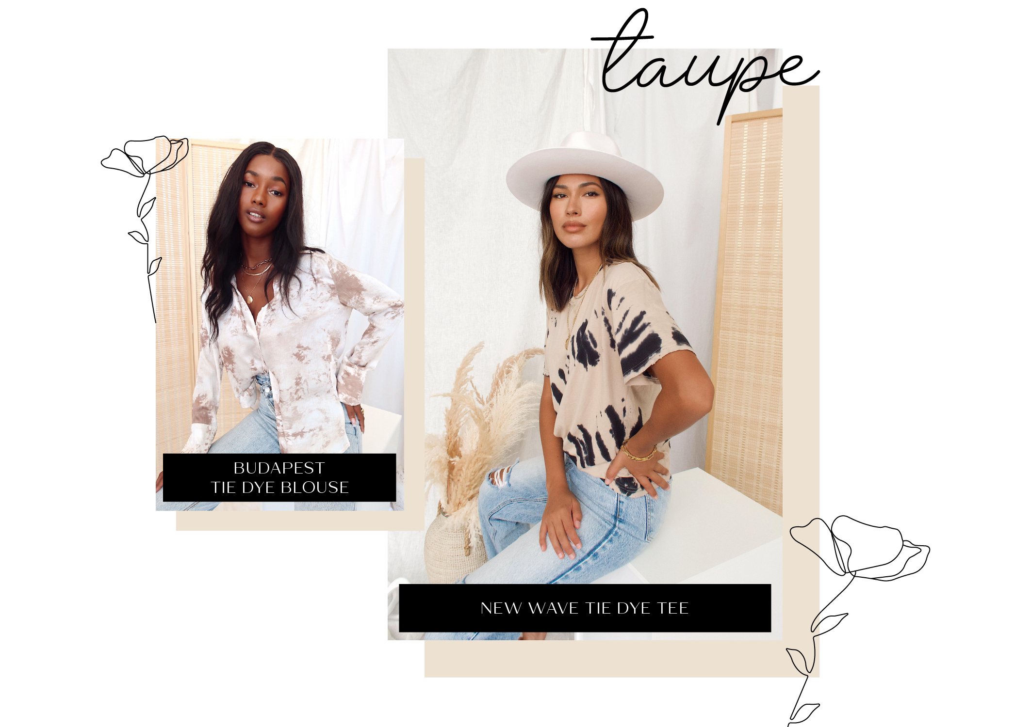 Two models in taupe tie dye tops, the Budapest blouse and New Wave tee, for fall.