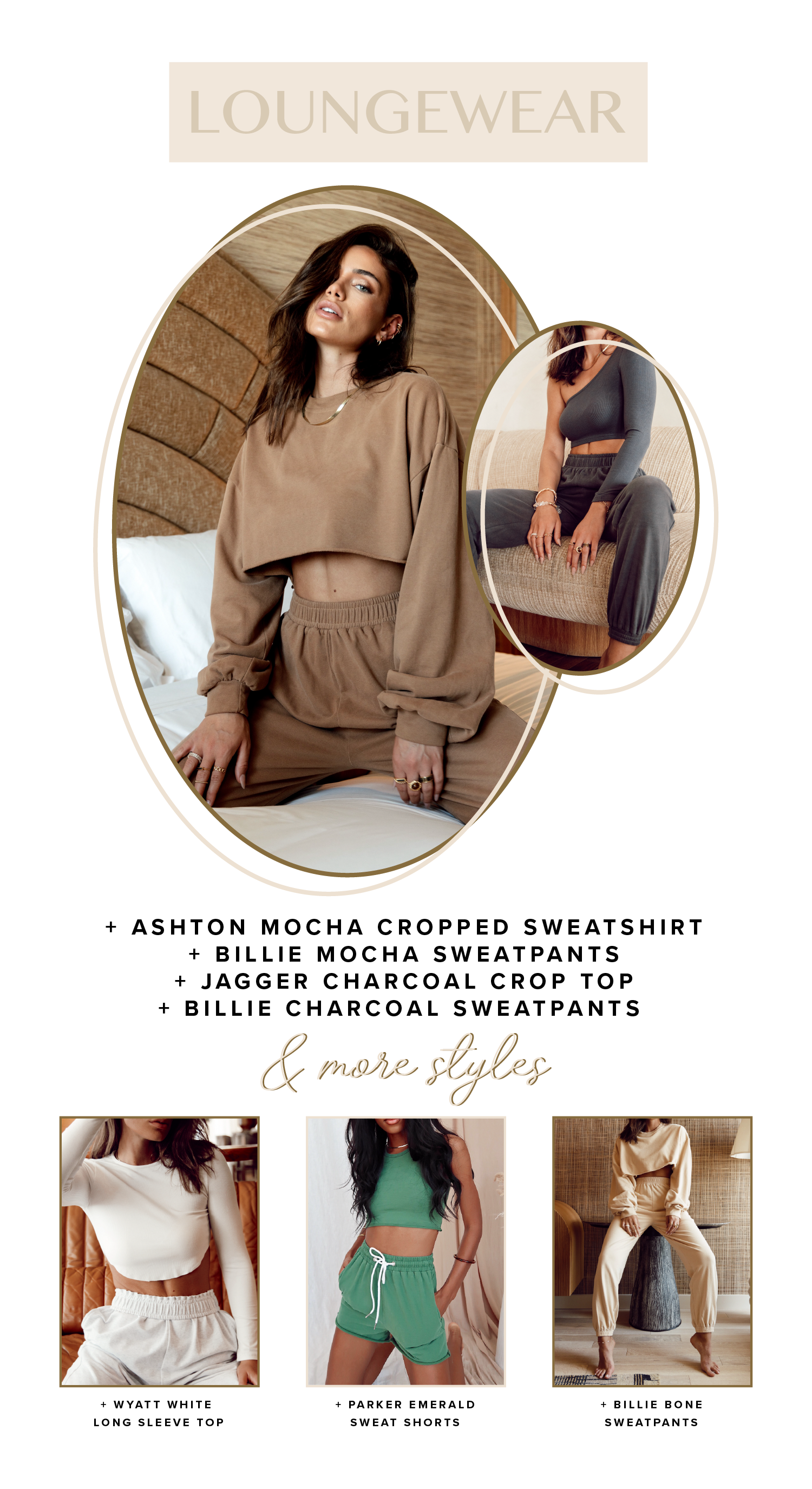 Loungewear blog graphic featuring mocha sweatsuit, charcoal crop set, and emerald sweat shorts.
