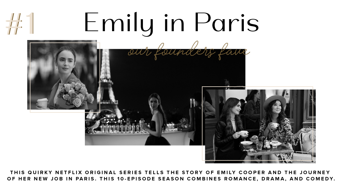 Emily in Paris ranked number one in 12th Tribe's Netflix recommendations, with black-and-white show stills.