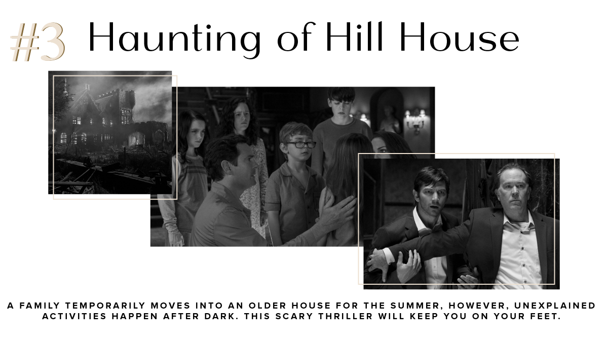 Number 3 pick: Haunting of Hill House, with black-and-white Netflix stills of a family in a haunted house.
