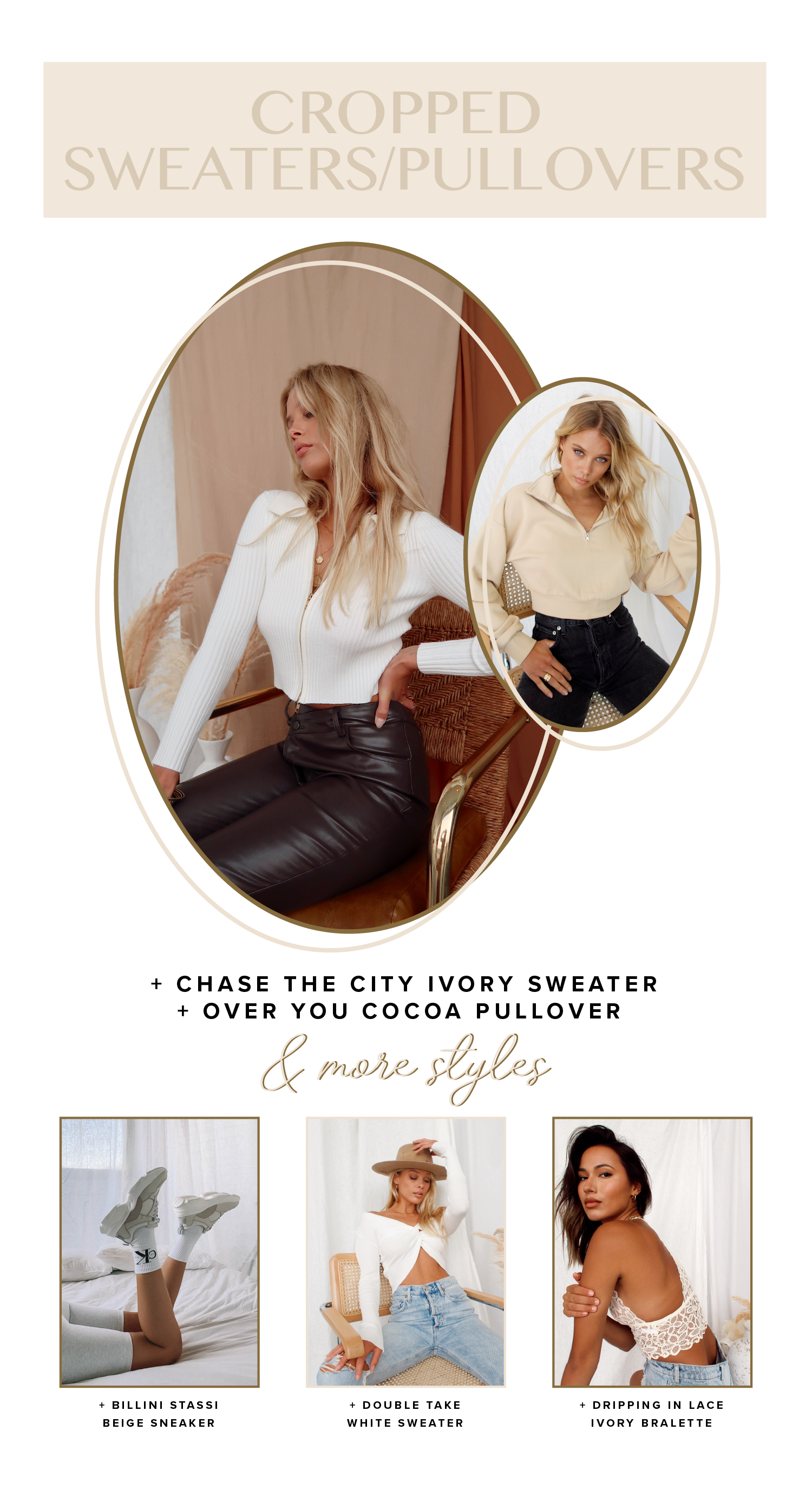 Cropped sweaters and pullovers featured in 12th Tribe's fall fashion trends graphic, with ivory and cocoa knit styles.