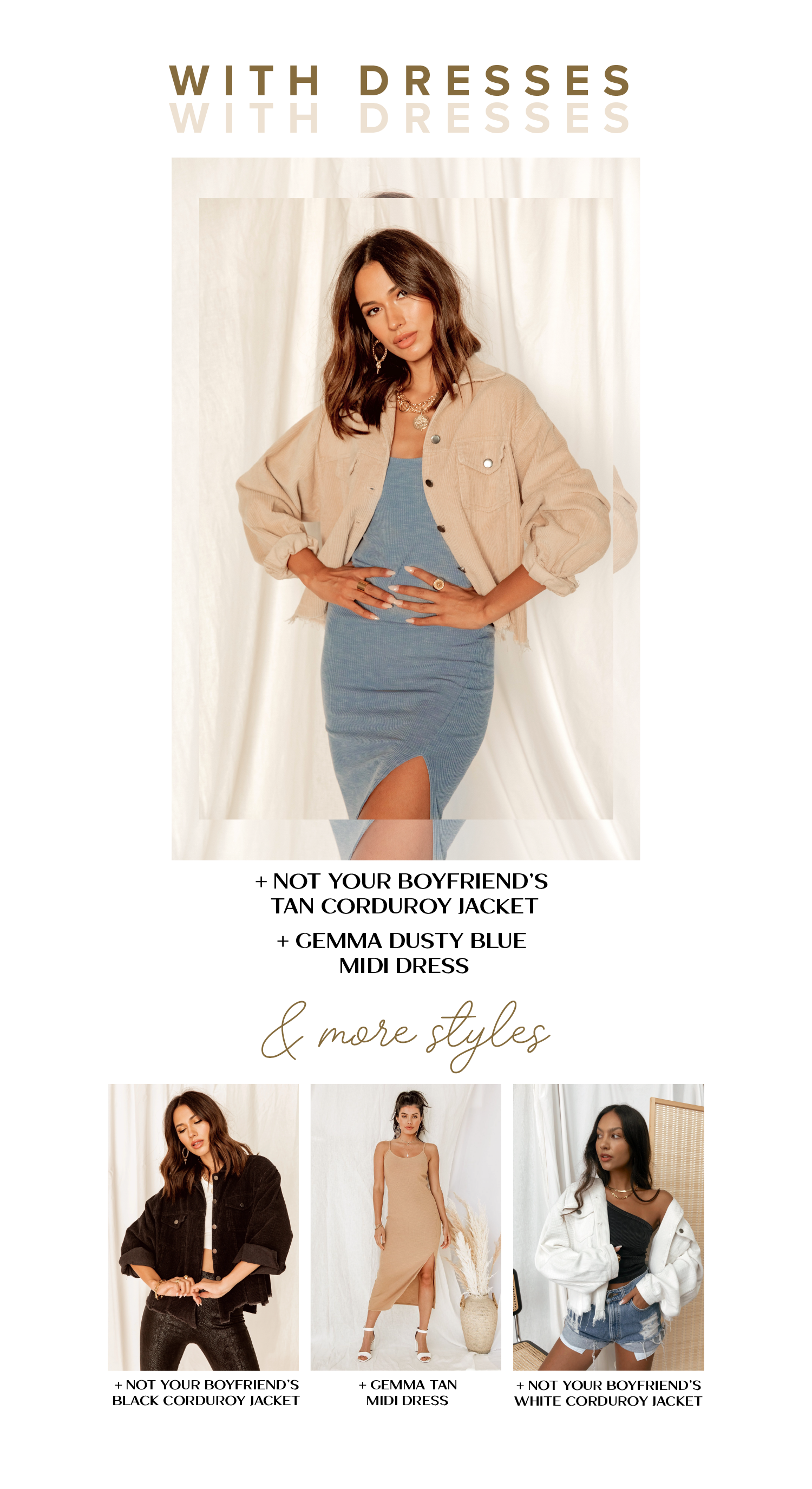 How to style a shacket with a dress: tan corduroy jacket over a dusty blue midi.