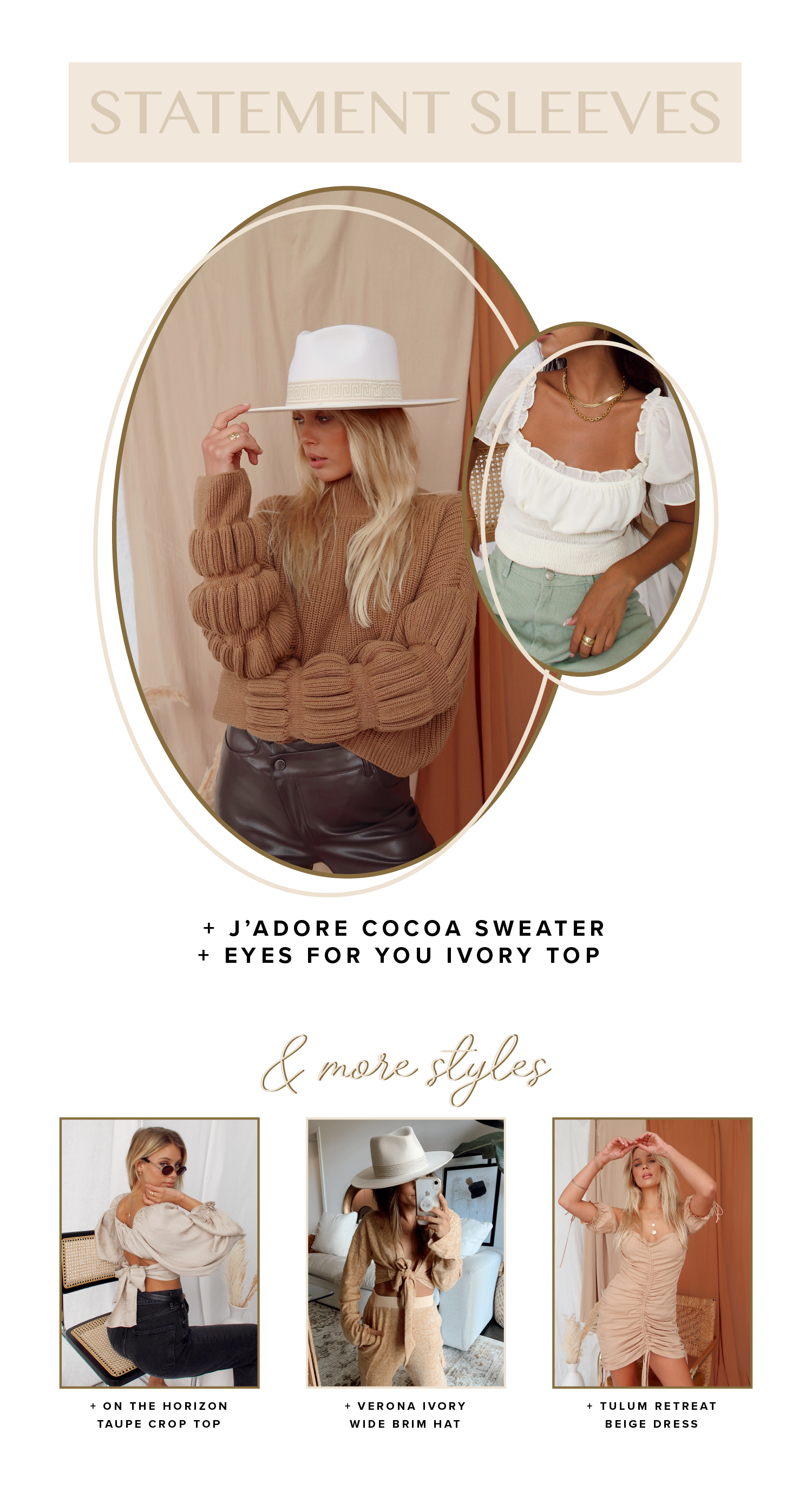 Statement sleeves blog graphic featuring cocoa sweater, ivory top, crop top, hat, and beige dress.