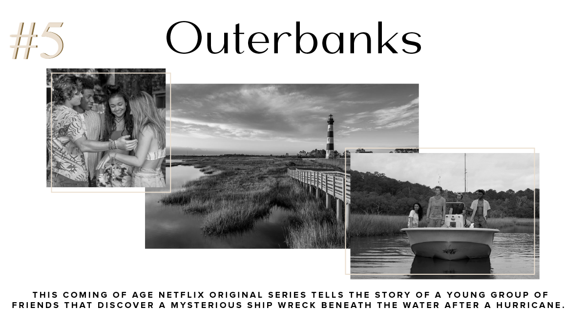 Outer Banks Netflix show as number five pick, with cast, lighthouse, and boat collage.