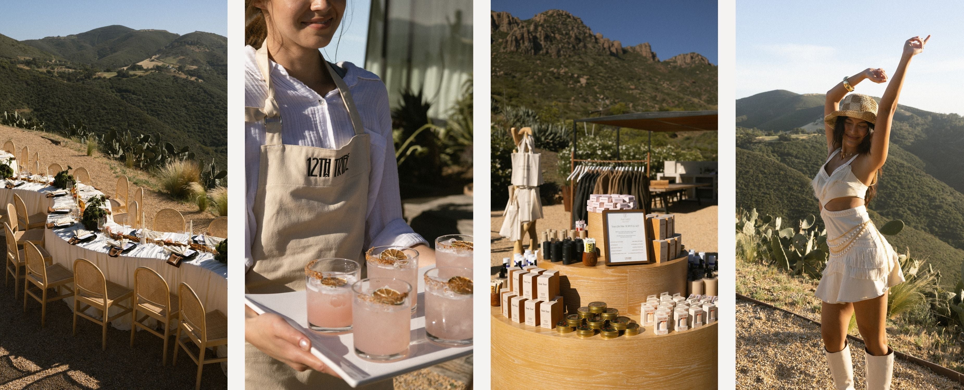 Four-photo collage from a 12th Tribe desert event: mountainside table, drinks, product display, woman dancing in white.