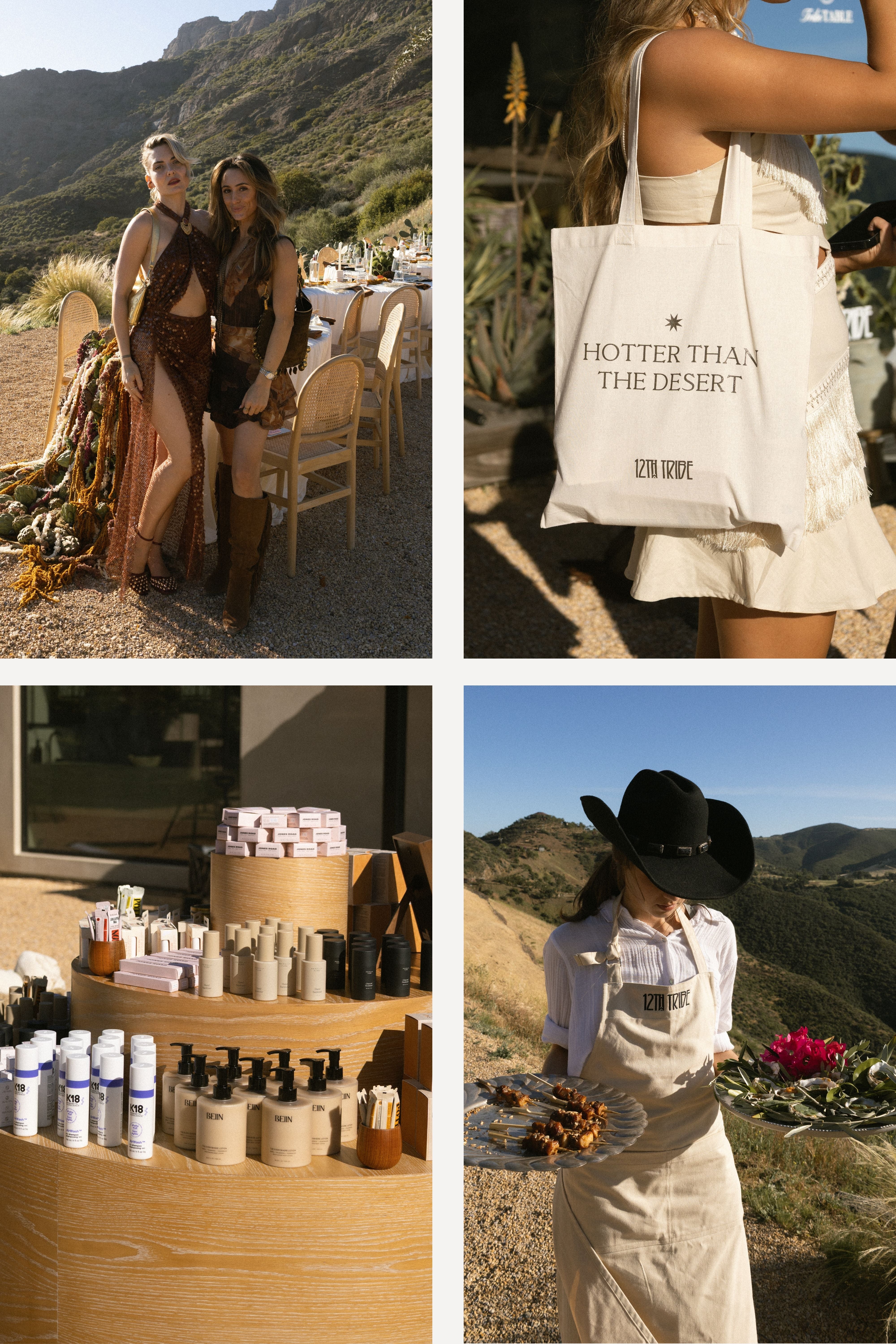 Guests in resort outfits for women at an outdoor Tribe Table dinner in the desert hills.