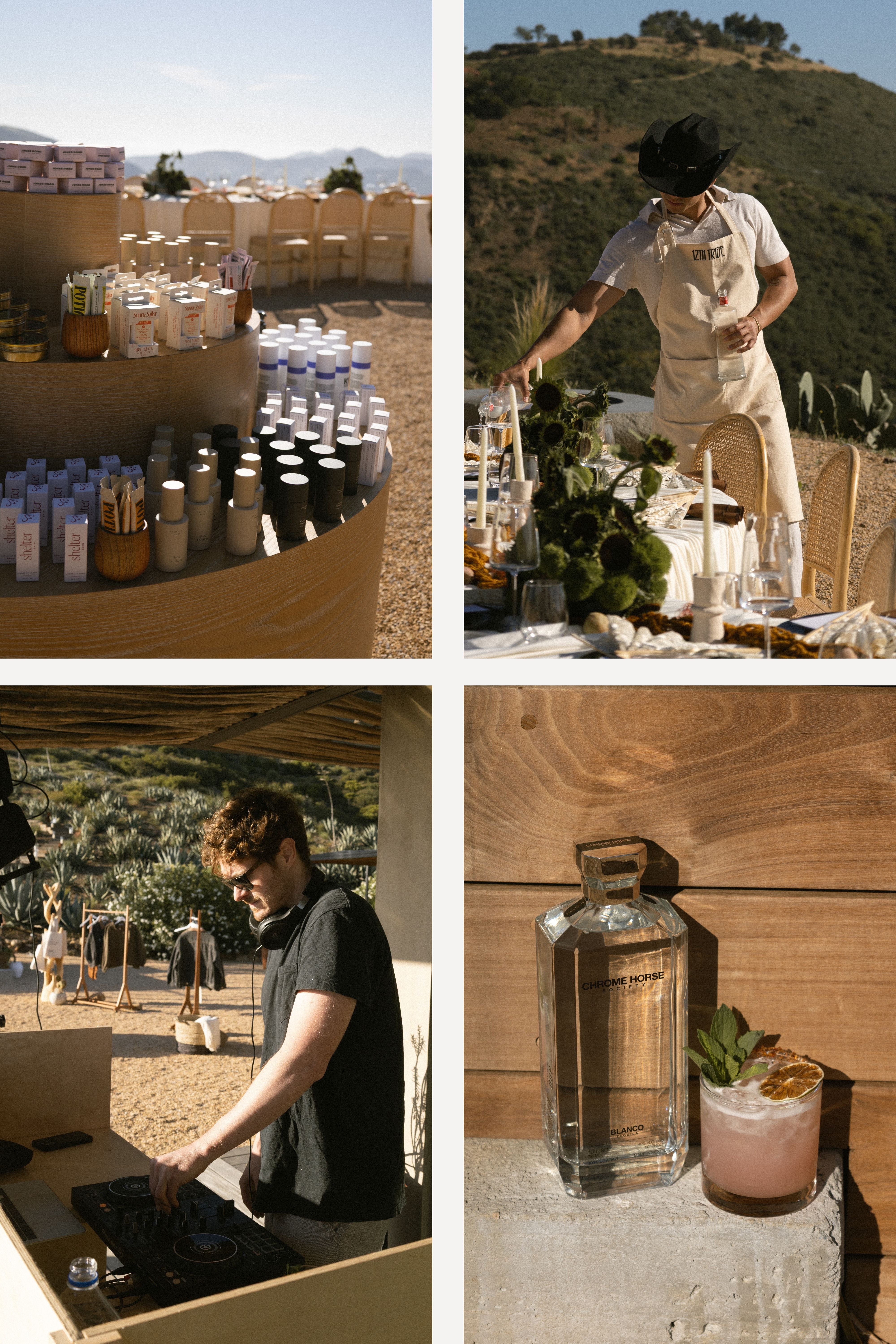 Collage from an outdoor desert dinner: product display, host setting the table, a DJ, and a tequila cocktail.