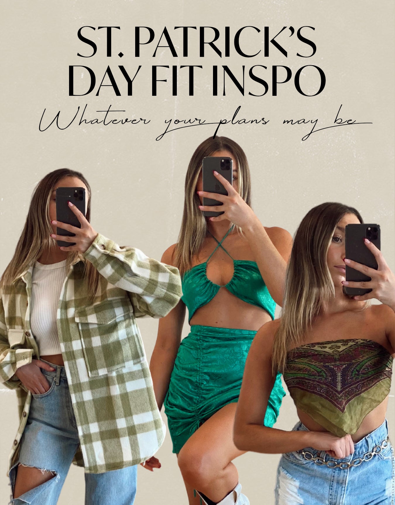 St. Patrick's Day Fit Inspo: three women in green outfits taking mirror selfies.