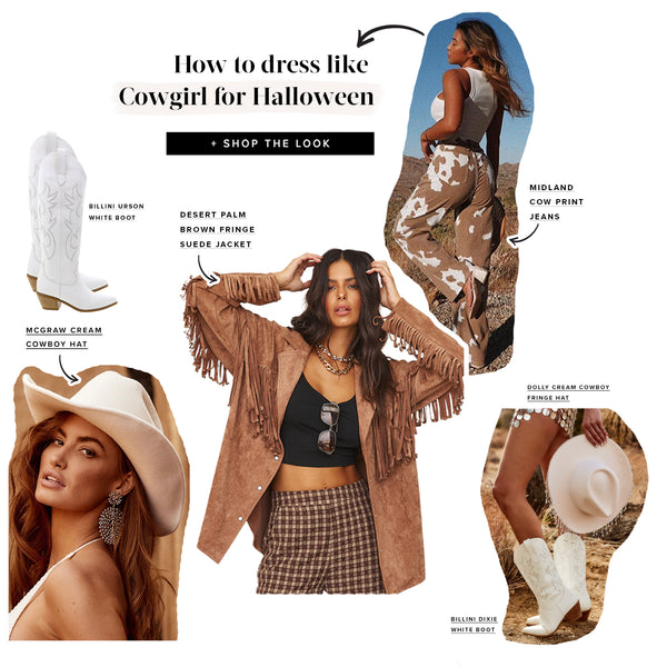Cowgirl Halloween outfit guide with white boots, cream hat, fringe suede jacket, and cow print jeans.