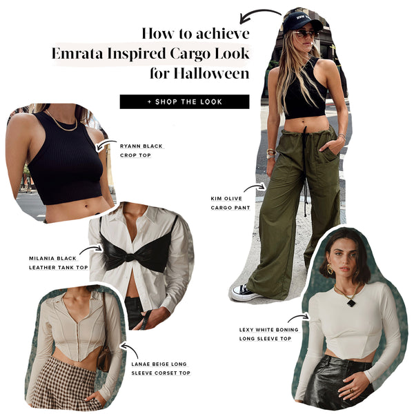 Emrata-inspired Halloween look board: black crop top, olive cargo pants, and corset tops.