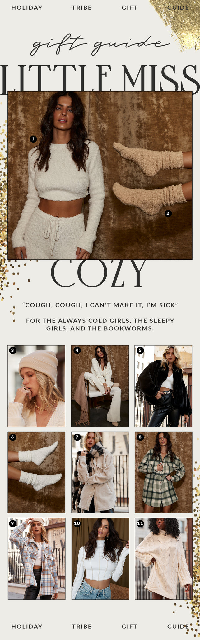 Little Miss Cozy holiday gift guide with knit sweater sets, fuzzy socks, beanies, and plaid flannels.