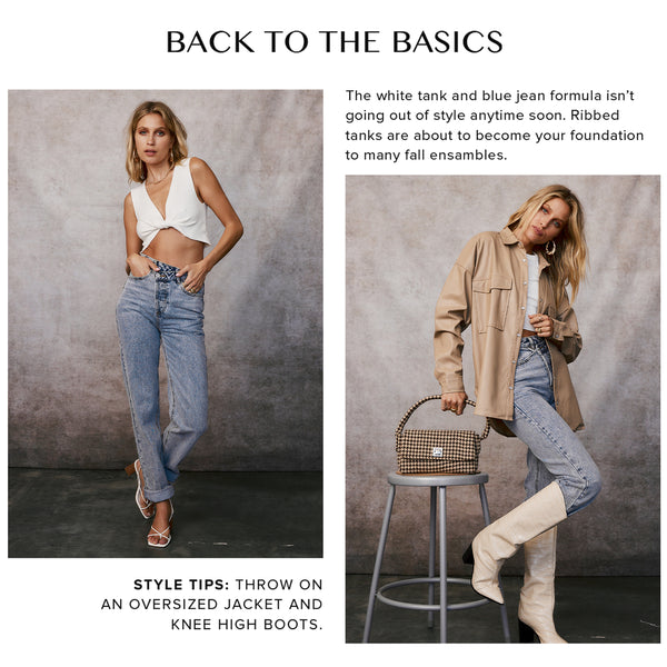 Back to the basics: white tank and blue jeans styled with an oversized jacket and knee-high boots.