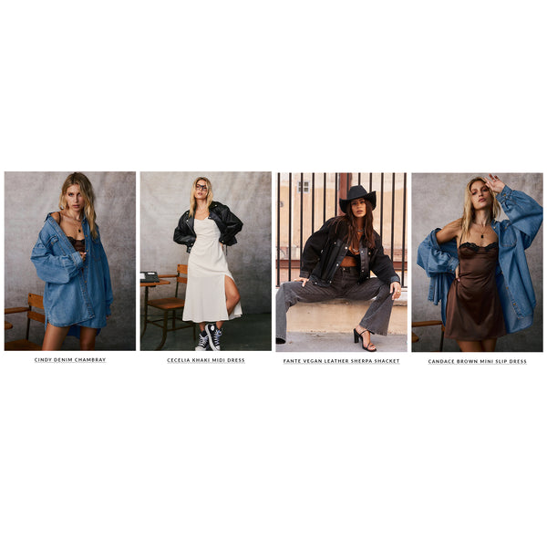 Four back to school outfits: denim chambray, khaki midi dress, vegan leather shacket, brown slip dress.
